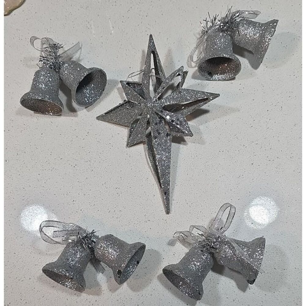 Silver Glitter Hanging Christmas Ornaments Set Star & Double Bells 5pc Plastic